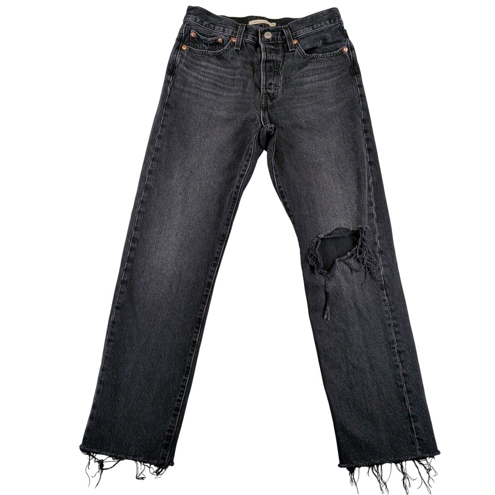 Levis Premium Wedgie Straight Jeans Black Distressed Raw Hem 28x28 34964-0146